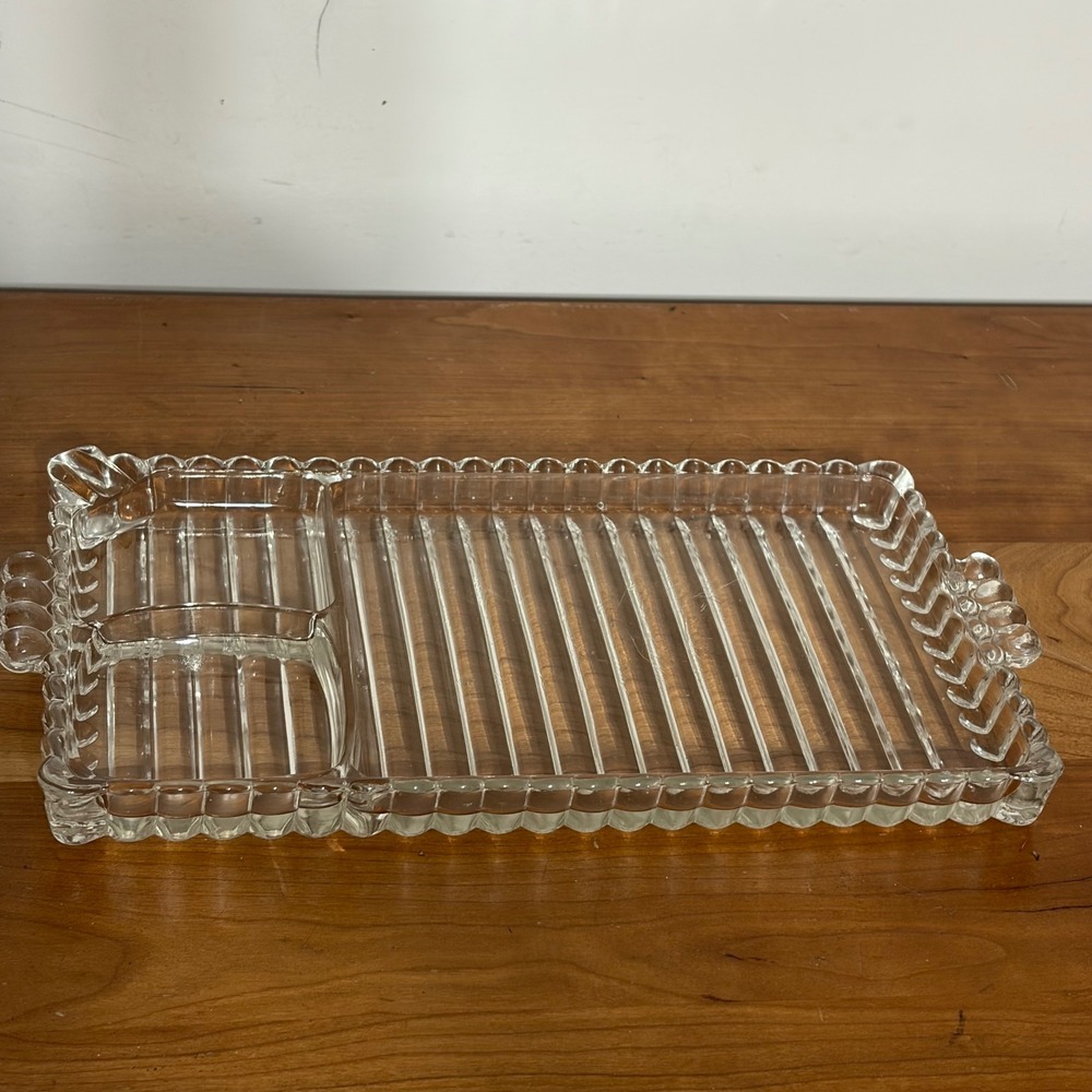 Vintage Hazel Atlas 1950s Glass Snack Tray Drink Holder Ashtray Scalloped Edge